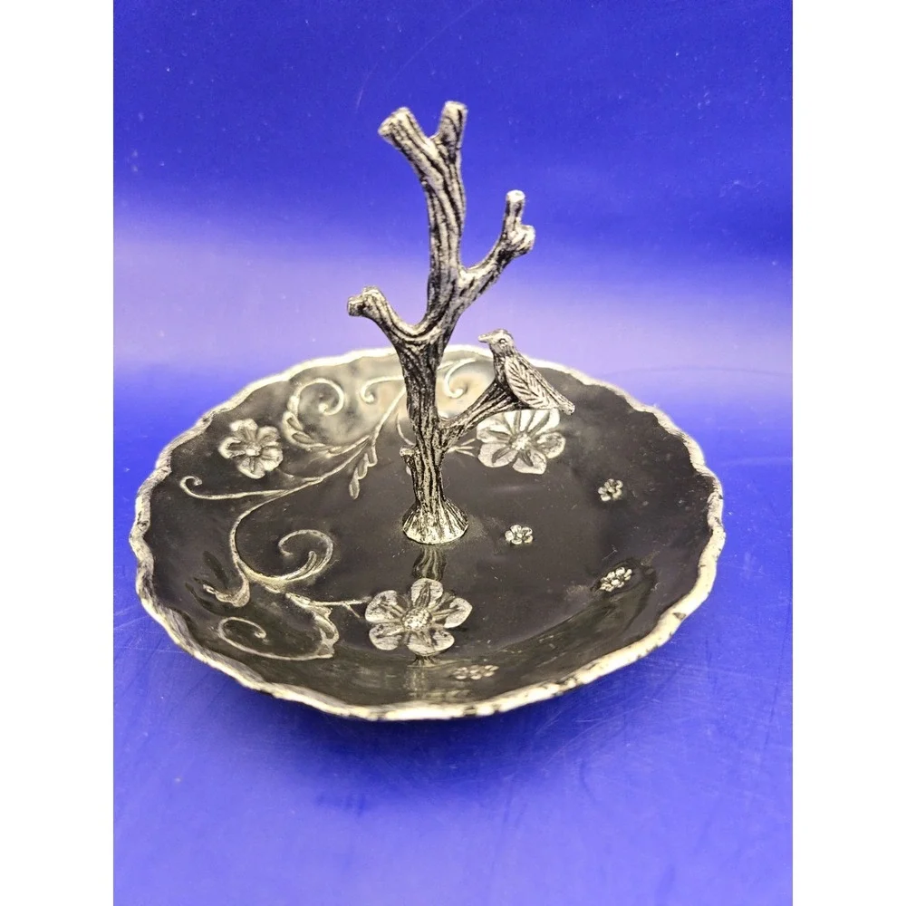 Black Enamel Dish For Rings Trinkets  By Cynthia Rawley NY With Bird On A Branch